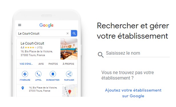 Capture d'&eacute;cran de l'interface Google My Business - Rechercher et g&eacute;rer votre &eacute;tablissement