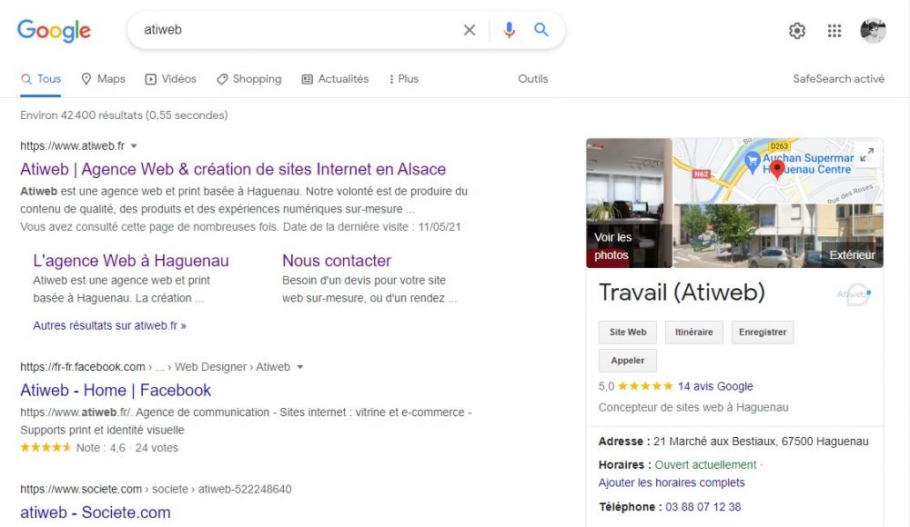 Capture d'&eacute;cran des r&eacute;sultats de recherche et de l'affichage d'un &eacute;tablissement dans le pack local
